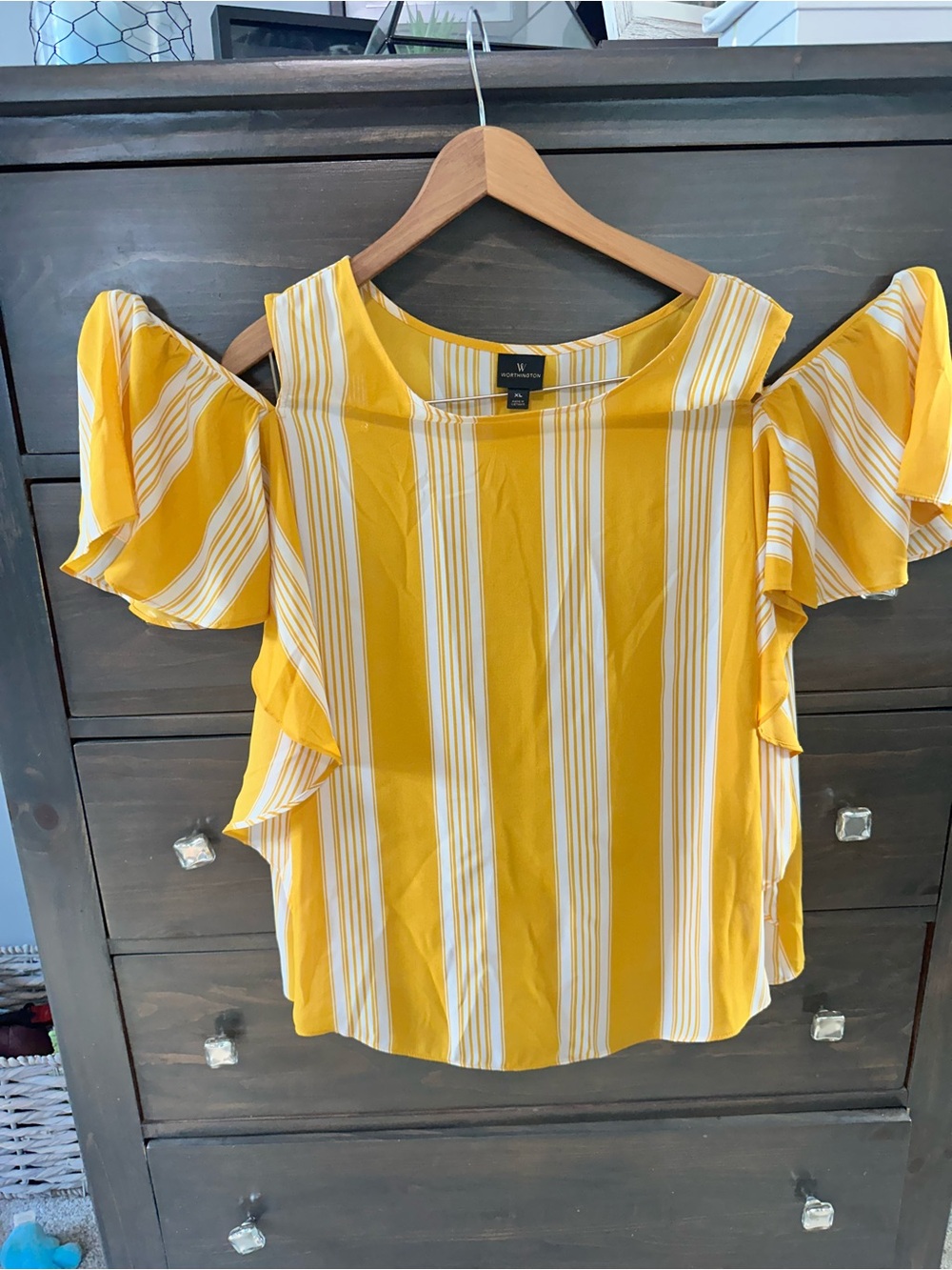 Worthington Yellow and White Striped Cold-Shoulder Blouse